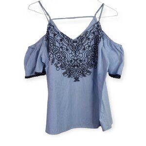 Blue Rain Blouse L Womens Off Shoulder Embroidered Stripe Short Sleeve Cotton